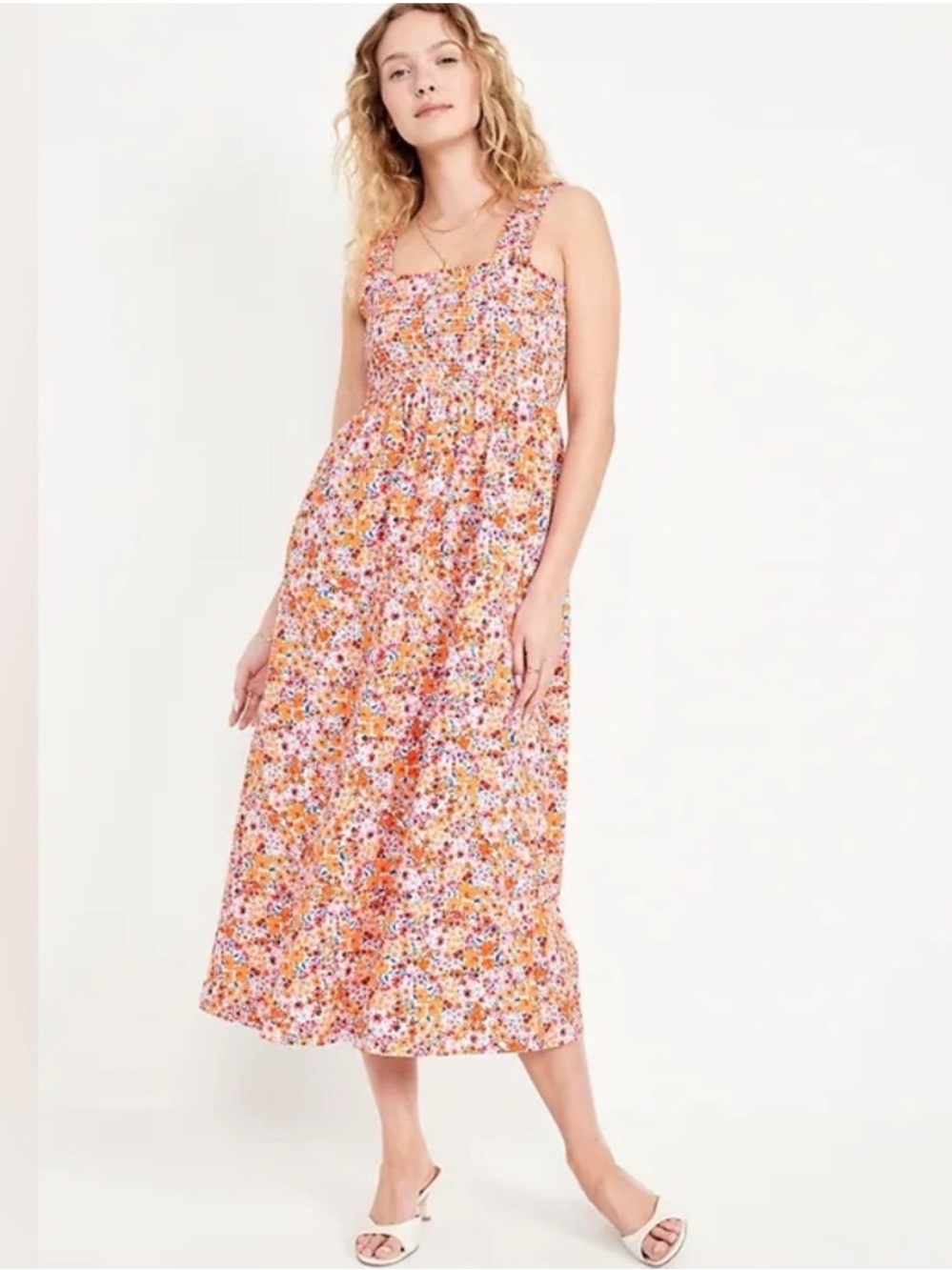 Old Navy Pink Orange Floral Print Smocked Top Babydoll Fit Sleeveless Midi Dress